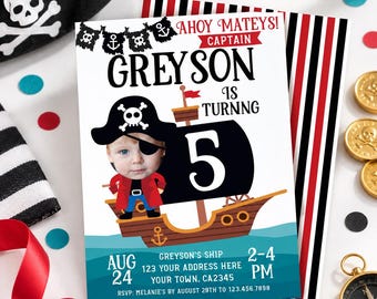 May include: A rectangular pirate-themed birthday invitation card featuring a cartoon ship, a child's photo wearing a pirate hat, and the text AHOY MATEYS! CAPTAIN GREYSON IS TURNNG 5, with event details including date, time, and address printed below.