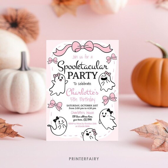 Spooktacular Party Pink Halloween Coquette Ghost Birthday Invitation Editable Template, Instant Download