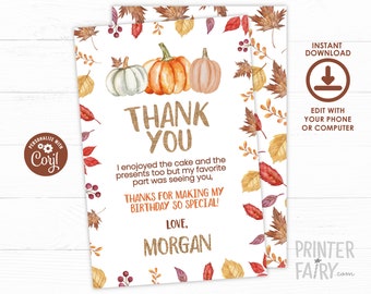 Pumpkin Patch Thank You Cards, EDITABLE, Fall Thank You Notes, Little Pumpkin Birthday Party, Thank You Cards, DIGITAL, Instant Download