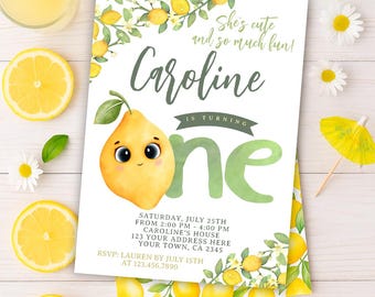 Lemon First Birthday Invitation, Editable Citrus Party (Digital Download)