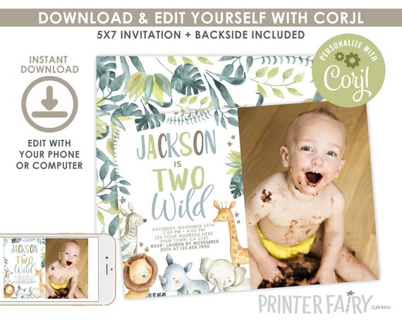 Safari Birthday Invitation, Two Wild Invitation, EDITABLE, Safari Invitation, Jungle Animals Party, EDIT YOURSELF Digital, Instant Download Il_570xn