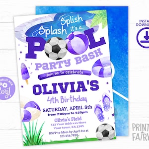 Soccer Pool Birthday Party Invitation, Editable, Sports Summer Pool Party Invite, Pool Party Bash for Girls, Pool & Soccer Party Birthday