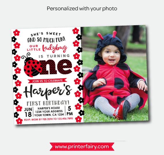 Little Ladybug First Birthday Invitation with photo, Ladybug 1st Birthday Party, Personalized Invitation, Polkadot Girls Invite, 2 options Il_570xn
