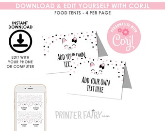 Kitty Cat Food Tents, EDITABLE, Kitty Birthday Party, Cat Food Labels, Kitty Cat Place Cards, DIGITAL, Instant Download