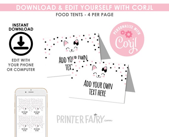 Kitty Cat Food Tents, EDITABLE, Kitty Birthday Party, Cat Food Labels, Kitty Cat Place Cards, DIGITAL, Instant Download Il_570xn