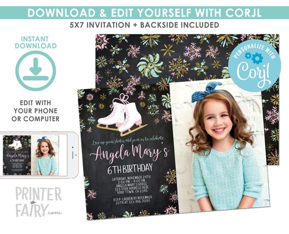 EDITABLE Ice Skating Birthday Invitation with Photo, Chalboard, Winter Birthday Party, Snowflake Invitation, EDIT YOURSELF Digital Invite Il_570xn