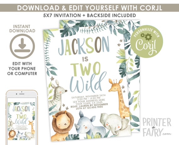 Safari Birthday Invitation, Two Wild Invitation, EDITABLE, Safari Invitation, Jungle Animals Party, EDIT YOURSELF Digital, Instant Download Il_570xn