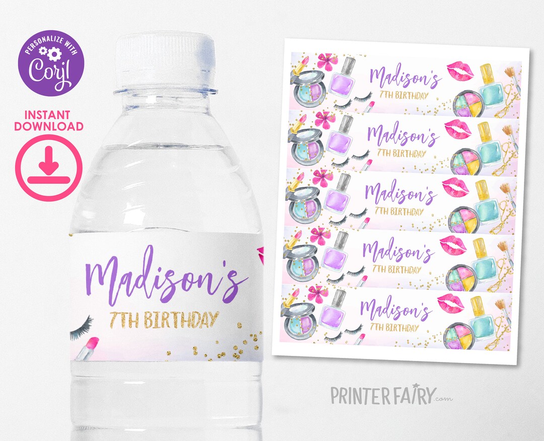 Spa Party Water Bottle Label, Editable, Glitz & Glam Party Bottle ...