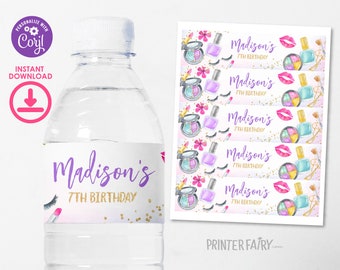 Spa Party Water Bottle Label, Editable, Glitz & Glam Party Bottle Labels, Spa Birthday Party Water Label, Glam Makeup Slumber Party for Girl