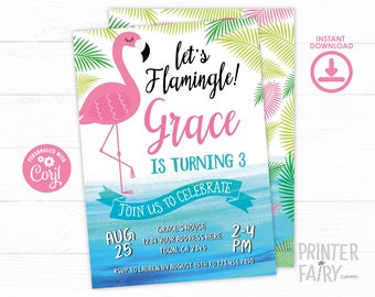 Flamingo Birthday Invitation, EDITABLE, Tropical Birthday Invitation, Summer Party, Pool Party Invite, INSTANT DOWNLOAD