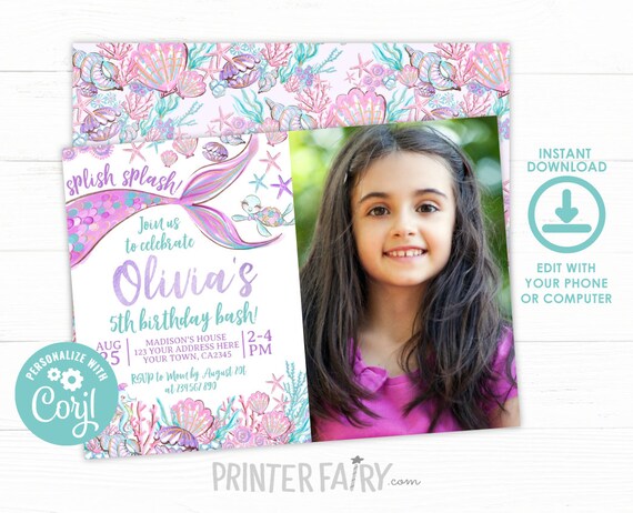 EDITABLE, Mermaid Invitation with photo, Under the Sea Birthday Party, Mermaid Birthday Party, Under the Sea Invitation, Instant Download Il_570xn