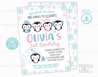 Penguin Birthday Invitation, EDITABLE Invitation, Penguin Birthday Party, Winter Invitation, Penguin Birthday Party, INSTANT DOWNLOAD