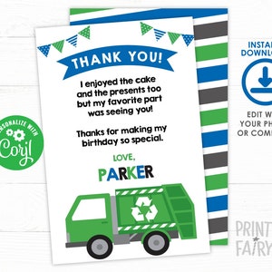 Trash Truck Thank You Cards, Garbage Truck Birthday Party, Recycle party, Garbage truck invite, EDITABLE, INSTANT DOWNLOAD
