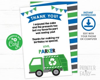 Trash Truck Thank You Cards, Garbage Truck Birthday Party, Recycle party, Garbage truck invite, EDITABLE, INSTANT DOWNLOAD