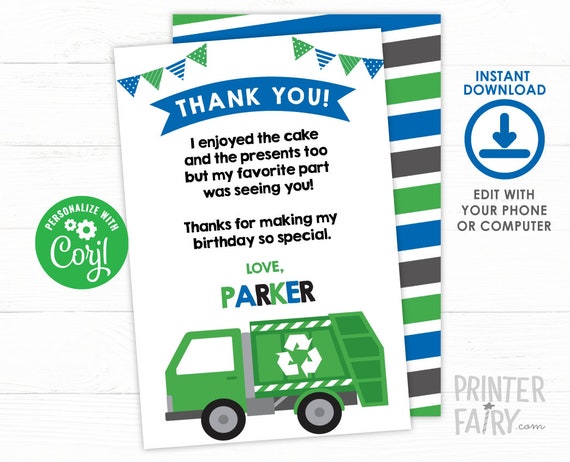 Trash Truck Thank You Cards, Garbage Truck Birthday Party, Recycle party, Garbage truck invite, EDITABLE, INSTANT DOWNLOAD Il_570xn