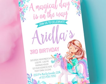 May include: A printable invitation for a 3rd birthday party. The invitation features a mermaid riding a unicorn with a pink, blue, and purple color scheme. The text on the invitation reads "A magical day is on the way. Join us to celebrate Ariella's 3rd Birthday. Saturday, November 24th, 2:00 PM - 4:00 PM, Marina's House, 123 Your Address Here, Your Town, CA 2345. RSVP to Mom by November 20th at 123.456.7890. printerfairy.com"