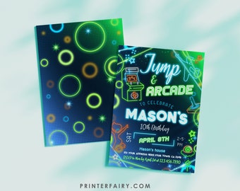 Neon Arcade & Jump Birthday Invitation: Bounce House, Trampoline Party, Gaming - Fully Editable in Corjl