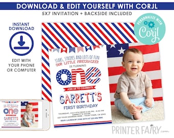 EDITABLE 4th of July Invitation with photo, First Birthday Invitation, Indepence Day, 4th of July Party, EDIT YOURSELF Digital Invite