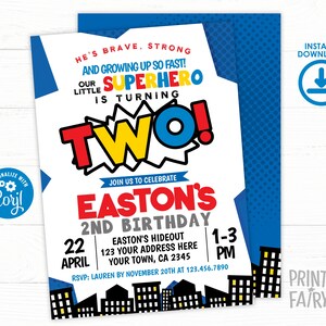 Superhero Second Birthday Invitation, Editable, Little Superhero Party Invite, Comic Birthday Party, Super Heroes Birthday Party Invitation