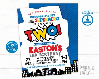 Superhero Second Birthday Invitation, Editable, Little Superhero Party Invite, Comic Birthday Party, Super Heroes Birthday Party Invitation