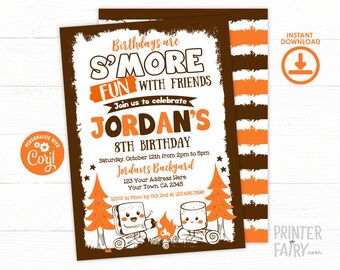 S'mores Birthday Invitation, Editable S'mores Invite, Bonfire Birthday, Backyard Invitation, Camping Invitation, Instant Download