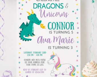 Unicorn and Dragon Birthday Invitation Editable Template, Joint Party, INSTANT DOWNLOAD