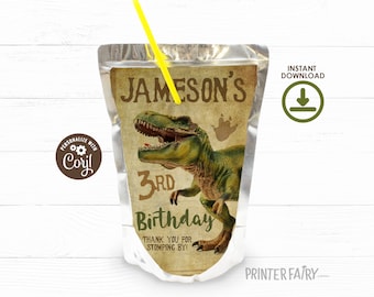 Dinosaur Birthday Party Drink Pouch Label, EDITABLE, T-rex Birthday, Dinosaur Party, Dinosaur Party Invitation, Dinosaurs, INSTANT DOWNLOAD