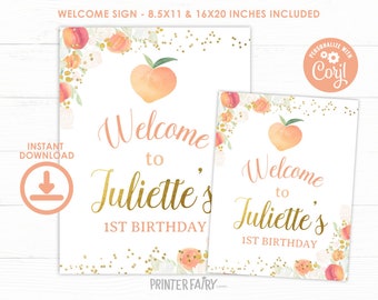 Peach Welcome Sign EDITABLE, Sweet as a peach, Peach Birthday, Floral Birthday, Girl Birthday, Peach Sign, Peach Decor, INSTANT DOWNLOAD