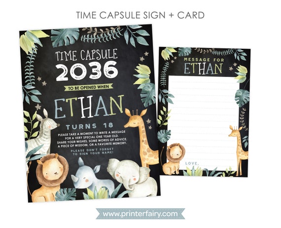 Jungle Time Capsule Chalkboard, Personalized sign + card, Safari 1st Birthday, Personalized Printable Time Capsule, DIGITAL Il_570xn