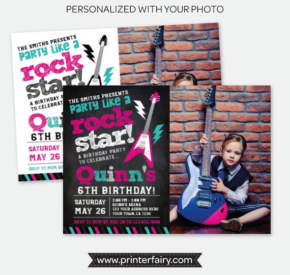 Rock Star Girl Invitation with Photo, Rock Invitations, Rockstar Birthday Party, Personalized Digital Invitation, 2 options Il_570xn