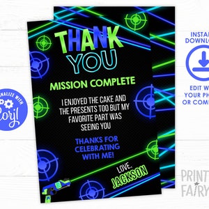 Laser Tag Thank You Cards, EDITABLE Laser Tag Thank You Notes, Neon Birthday Party, Glow Birthday, Editable Thank You Card, INSTANT DOWNLOAD