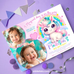 Unicorn Birthday Invitation with photo, Editable Invitation, Rainbow Birthday Party, Unicorn Party Theme, Instant Download UCPF24