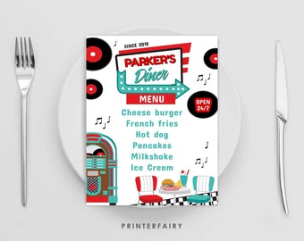 Diner Menu Template, Editable, Sock Hop Decorations, Midcentury Sign, 1950's Soda Shop, 50's Theme Party, Fifties American Diner Party Retro