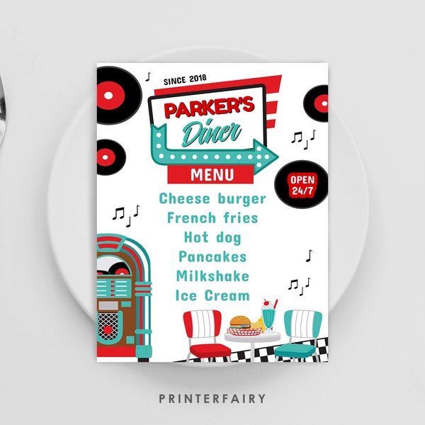 Diner Menu Template, Editable, Sock Hop Decorations, Midcentury Sign, 1950's Soda Shop, 50's Theme Party, Fifties American Diner Party Retro