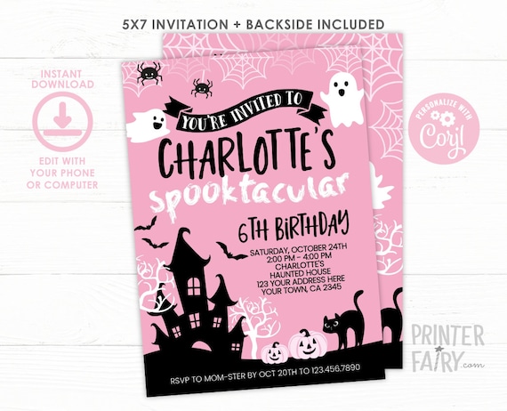 Pink Halloween Birthday Invitation, EDITABLE, Spooktacular Birthday Invitation, Halloween Party, Ghost Invitation, DIGITAL, Instant Download Il_570xn