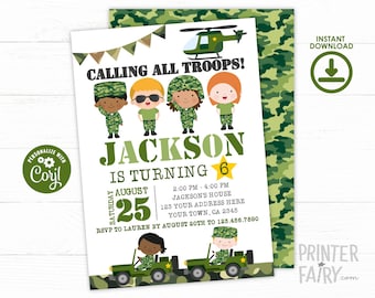 May include: A green and white camouflage themed birthday invitation for a boy turning six. The invitation says "Calling all troops! Jackson is turning 6" with a cartoon helicopter and soldiers. The date is Saturday, August 25th.