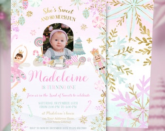 Nutcracker First Birthday Invite with Photo - Editable Digital Invitation for a Winter Wonderland Party