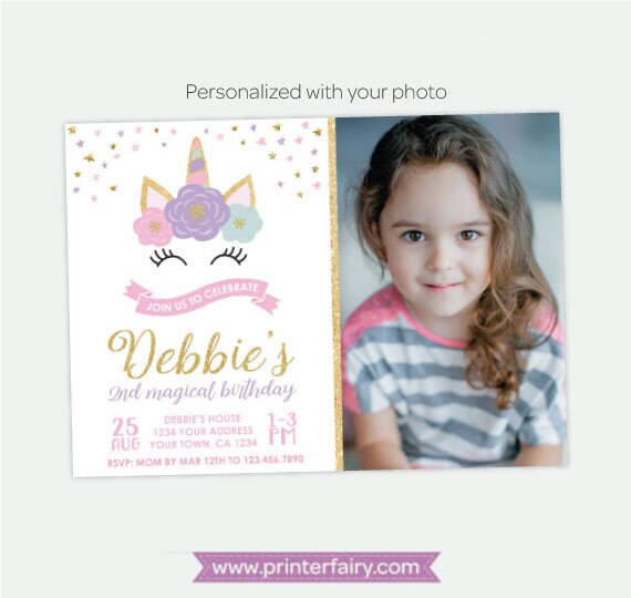 Unicorn Face Invitation with Photo, Magical Unicorn Birthday Party, Floral Unicorn Invitation, Personalized DIGITAL Invitations Il_570xn