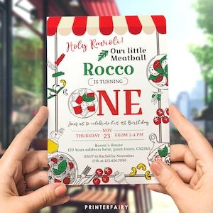Convite de primeiro aniversário de pizza, nossa pequena almôndega, convite de aniversário italiano, convite de chef, convite editável de almôndega de espaguete