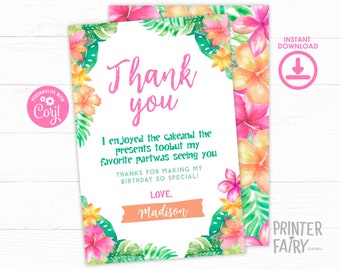 Luau Birthday Party Thank You Card, Hawaiian Thank You Card, Tropical Birthday Party Thank You Card, Luau Birthday Party Editable Template