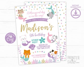 Mercat Birthday Invitation, EDITABLE, Meowmaid Birthday Invitation, Mermaid Invitation, Kitty Invitation, EDIT YOURSELF, Instant Download