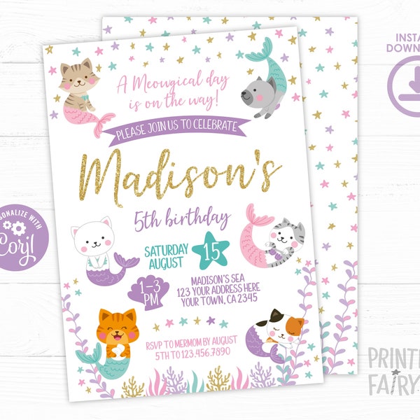 Invitation d'anniversaire de Mercat, MODIFIABLE, Invitation d'anniversaire de Meowmaid, Invitation de sirène, invitation de Kitty, MODIFIEZ-VOUS, téléchargement immédiat