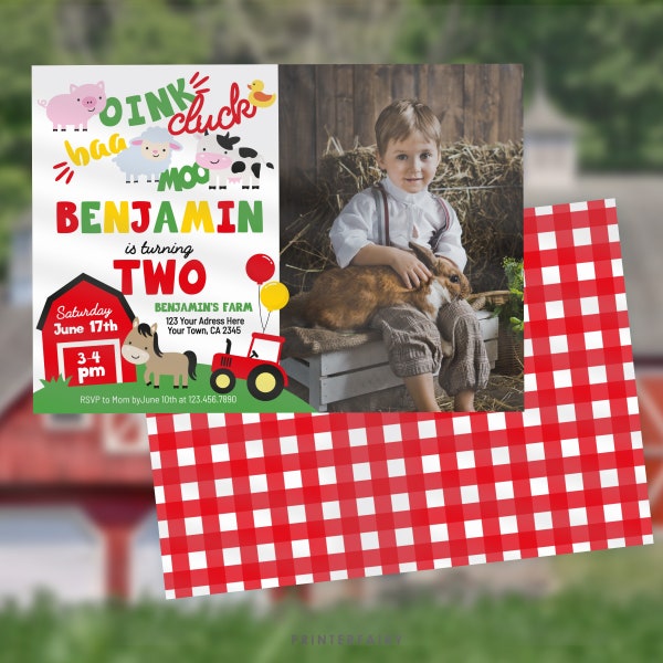 Farm Second Birthday Invitation with Photo, Editable, Farm Animals Party, Barnyard Birthday Party Invitation Template, Instant Download