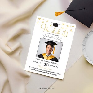 Il l'a fait faire-part de remise des diplômes avec photo, modifiable, cartes de remise des diplômes universitaires, décoration de fête des diplômés, invitation de remise des diplômes, instantanée