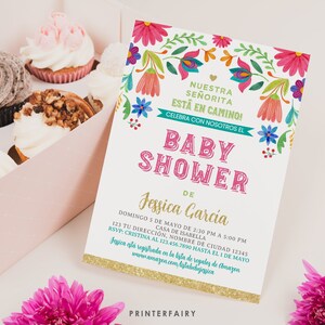 Fiesta baby shower uitnodiging, en Español, bewerkbare Mexicaanse bloemen Fiesta Party uitnodiging, Mexicaanse baby strooi uitnodigen, Instant Download