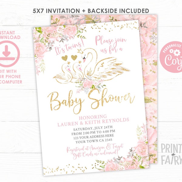 Swan Twins Baby Shower Invitation, Swan Baby Shower Invite, Editable Invite, Baby Shower Invite, Floral Shower, Twin Girls, INSTANT DOWNLOAD