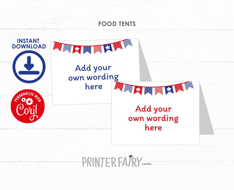 EDITABLE 4th of July Food Tents, Independence Day Birthday, 4th of July Party Decorations, Place Cards, INSTANT DOWNLOAD image 1