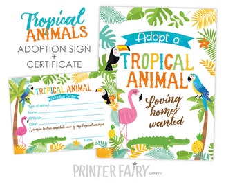 Adopt a Tropical Animal, Pet Adoption Party, Adoption Certificate, Luau Birthday Sign, Summer Party, Digital Printables, INSTANT DOWNLOAD