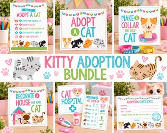 May include: A kitty adoption bundle featuring instructional signs, a cat hospital sign, a vet check-up checklist, and an adoption certificate. The set includes colourful graphics of cartoon cats, paw prints, and hearts with text.
