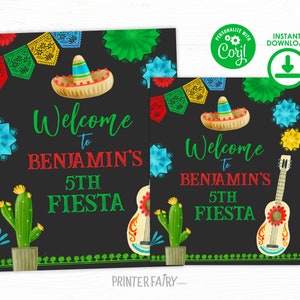 Fiesta Birthday Party Welcome Sign, Editable Mexican Fiesta Invitation Fiesta Decorations Cinco de Mayo Birthday Time Two Siesta, Three-esta